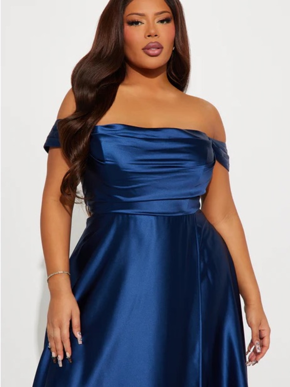 Fashion Nova Off-Shoulder Satin Prom Gown in Royal Blue - Picture 2 of 3